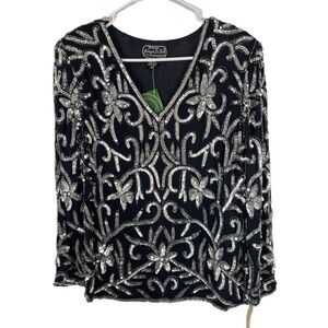 NWT Vintage Jean for Joseph Le‎ Bon S Blouse Sequined Silk Beaded Black S…